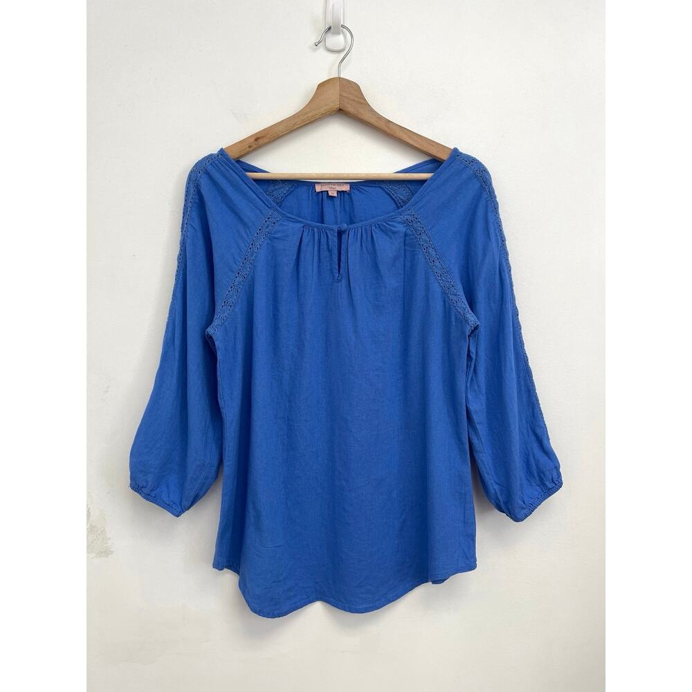 Saint Tropez West Linen Blend Lace Insert Relaxed Boho Peasant Blue Top - Medium